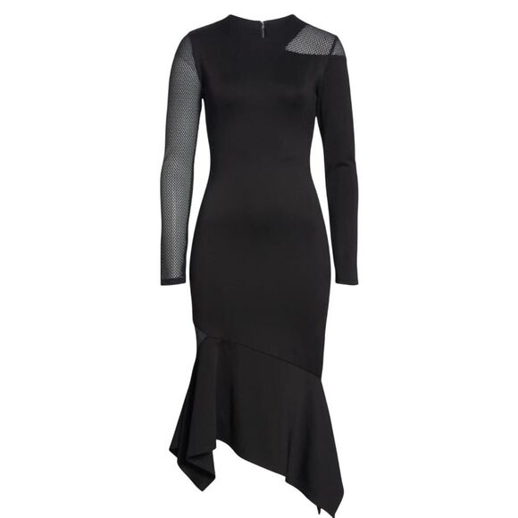 Alice + Olivia Kaine Mesh Insert Asymmetrical Hem Midi Dress Black Size 2 - Picture 15 of 16